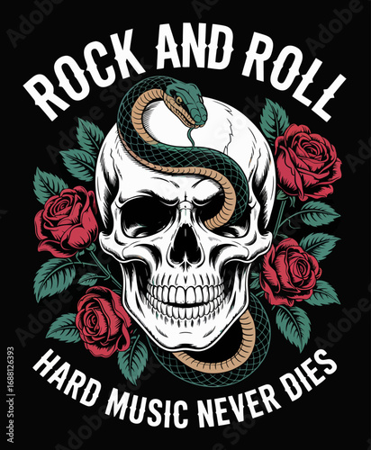 This striking image features a skull entwined with a snake and roses, embodying the spirit of rock music and a bold, edgy attitude in art and lifestyle.