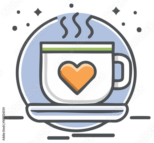 Steaming cup of coffee with heart emblem. Warm beverage graphic design.
