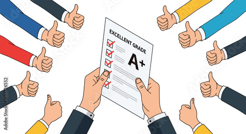 Excellent grade A+ celebrated with thumbs up, perfect score success and achievement concept