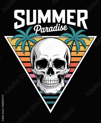 A striking illustration featuring a skull amid palm trees, blending summer vibes with a bold graphic style that captures the essence of paradise and relaxation.