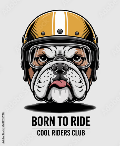 This fierce bulldog portrait in a vintage helmet and goggles radiates confidence and determination, appealing to both pet enthusiasts and motorcycle culture aficionados.