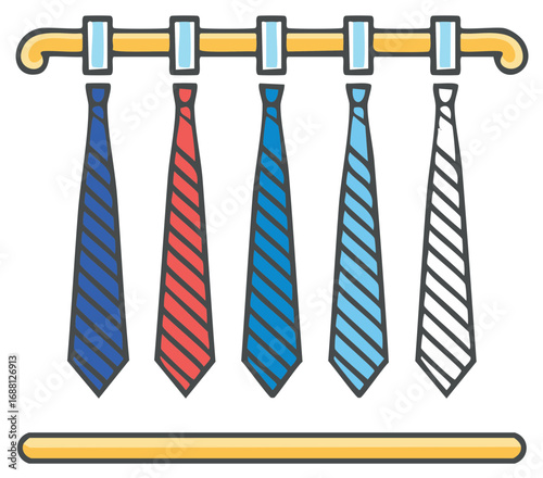 Ties hanging neatly on a rack with a minimalist design ideal for wardrobe illustrations or fashion-themed templates