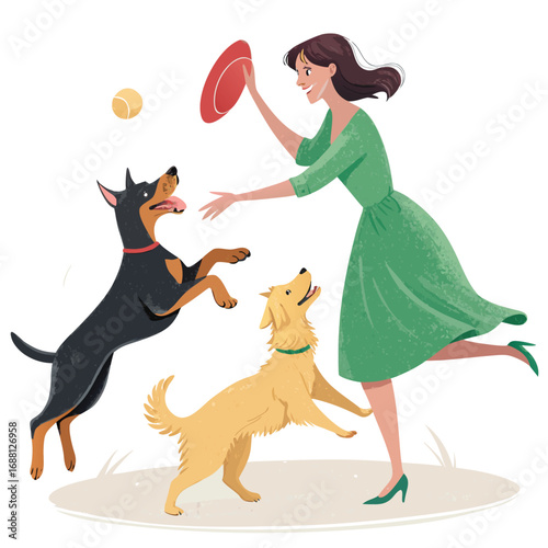Vector art of a joyful woman plays with her dogs in a park, throwing a frisbee and a ball, enjoying a sunny day with her playful companions