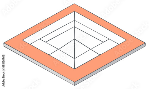 Clean modern geometric illustration with a vibrant orange frame and a central descending pyramid shape