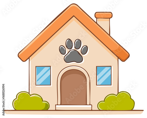 Cute Pet Shelter Illustration with Paw Print Logo Chimney and Bushes