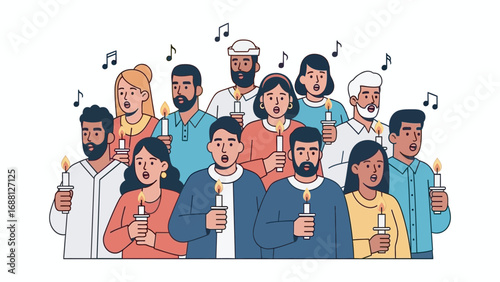 Diverse group of people holding candles and singing together in harmony, celebrating a joyous occasion with musical notes symbolizing togetherness and shared celebration
