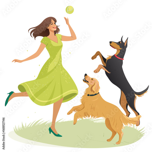 Vector art of a happy woman in a green dress is playfully tossing a ball for her two excited dogs, a doberman and a golden retriever