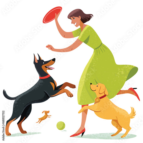 Vector art of a cheerful woman in a green dress is playfully throwing a frisbee for her two excited dogs, a doberman and a golden retriever