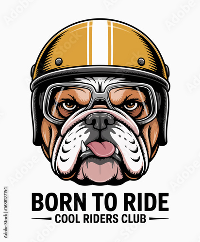 This captivating illustration features a bulldog's head adorned with racing gear, embodying a sense of adventure and resilience, perfect for dog lovers and motorcycle fans alike.