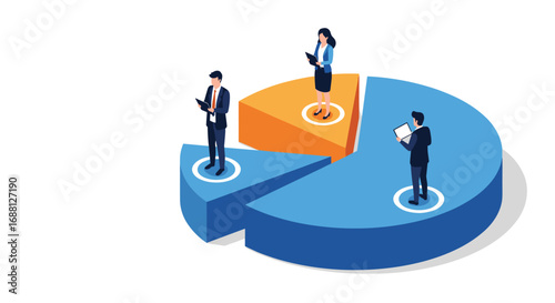 Business team analyzing market share and growth opportunities with pie chart data insights