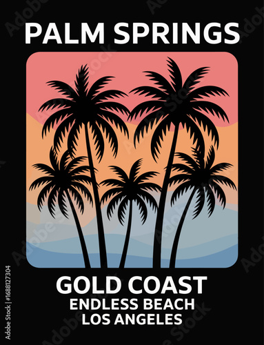A classic depiction of palm trees during sunset, illustrating the beauty of Palm Springs and its everlasting charm, perfect for those who love tranquil landscapes.