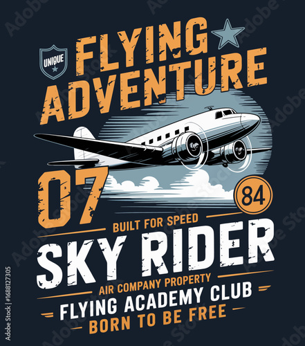 Emphasizing speed and design, the Sky Rider airplane showcases a vintage aesthetic that appeals to aviation lovers, featuring themes of adventure and nostalgia.