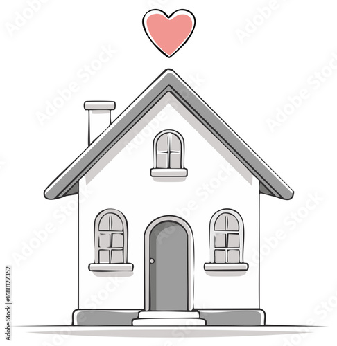 Stylized Home Illustration with Heart, House Cartoon Drawing with Roof Chimney and Windows