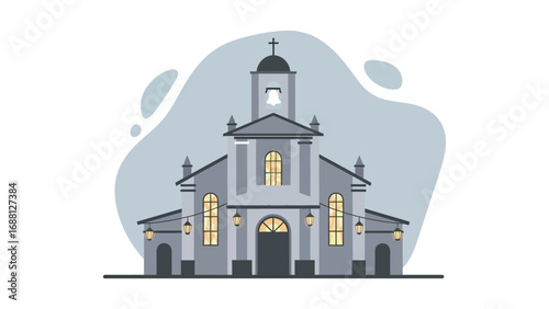 Serene and Imposing Catholic Church Facade with Bell Tower and Illuminated Windows, a Symbol of Faith and Community Gathering, Featuring Classic Architectural Elements and a Peaceful Ambiance