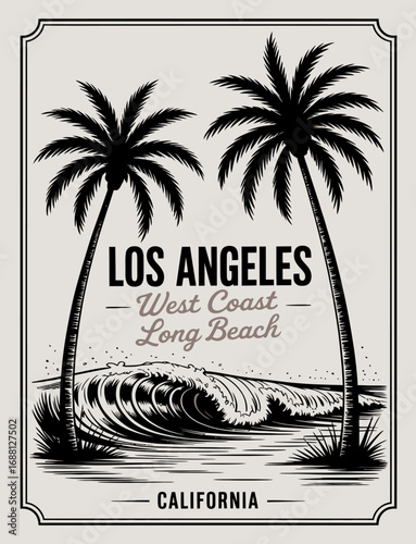 A stunning illustration featuring the beautiful palm trees and waves of Los Angeles, portraying the tranquil essence and beach lifestyle of California's coastal life.