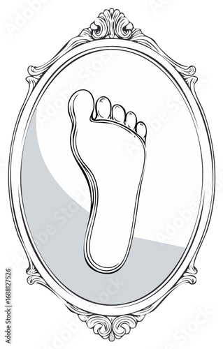 Ornate vintage mirror with a line art illustration of a human foot sole in a black and white vector graphic