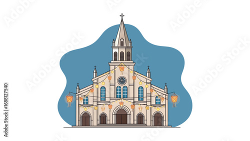 Beautiful illustration of a church, featuring elegant architecture and festive decorations, symbolizing community and spiritual gathering in a serene setting