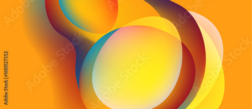 Abstract vibrant shapes overlap, creating warm color gradients. Orange dominates background, with purple, yellow highlights. Smooth transitions define forms.