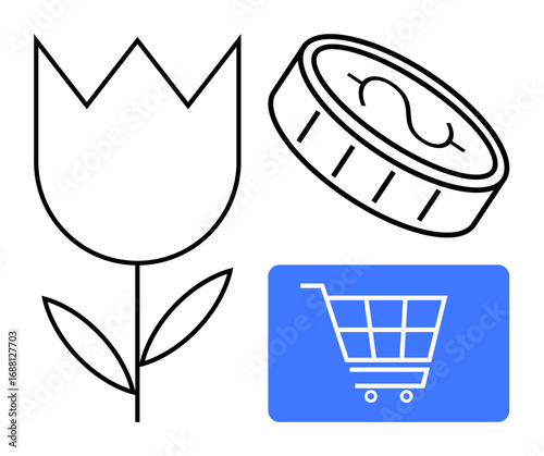 Tulip flower, coin, and shopping cart embody trade, commerce, value, cryptocurrency. Ideal for finance, investment shopping barter digital trade marketplace e-commerce. Flat simple metaphor