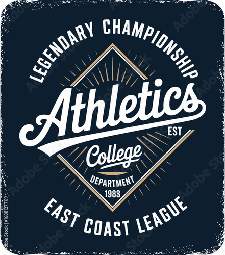 A nostalgic graphic design celebrating the rich history of athletics at colleges, focusing on the East Coast League's legendary championship since 1983.