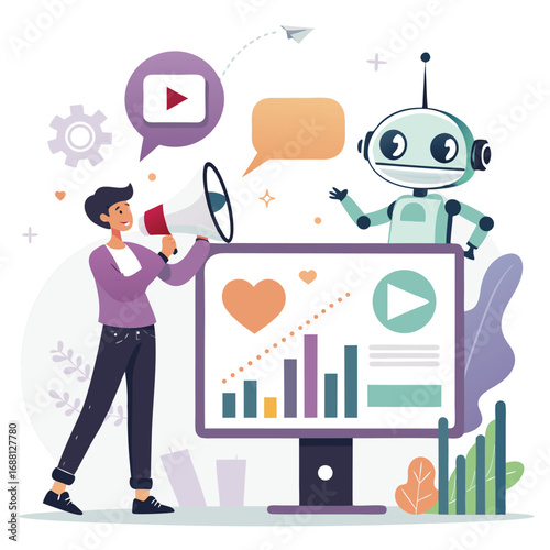 Vector art of a man is using a megaphone to promote his business with the help of a robot, and the business is growing with love and support