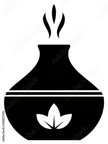 Black vector icon of an essential oil diffuser with rising steam and decorative leaf symbol