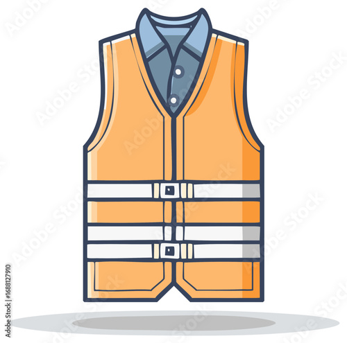 Bright orange high visibility reflective safety vest worn over blue shirt illustration