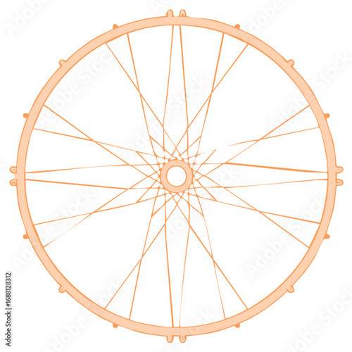 Overhead illustration of a bicycle wheel in an orange outline style.