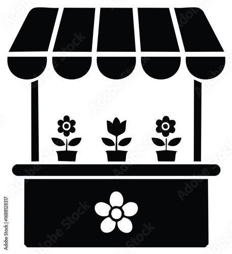 Black Silhouette Flower Shop Stall with Plants and Floral Motif