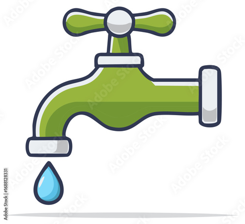 Vibrant Green Water Faucet Dripping a Single Blue Water Drop Illustration