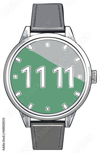Drawn Wristwatch with Green Face Showing Angel Number 1111