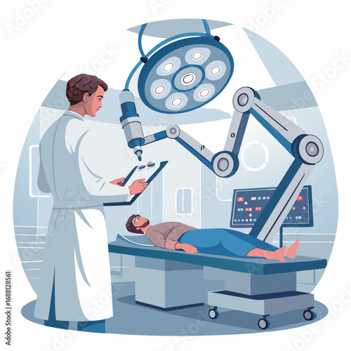 Vector art of a surgeon is using robotic assistance to perform a delicate operation, showcasing the advancements in medical technology and precision surgery