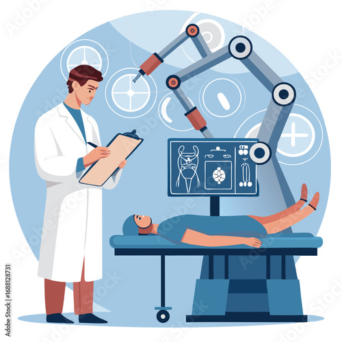 Vector art of a doctor is observing a patient lying on a surgical table while a robotic arm is performing a surgery with a monitor showing vital signs