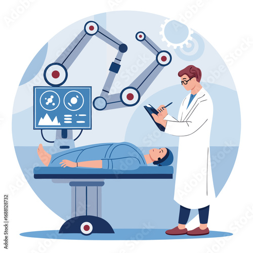 Vector art of a doctor is observing a patient lying on a surgical table while a robotic arm is performing a surgery with a monitor showing vital signs