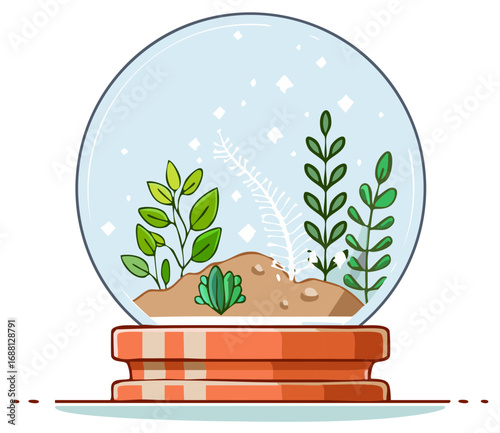 Charming botanical globe illustration, showcasing various green and white plants inside a clear glass dome on decorative stand