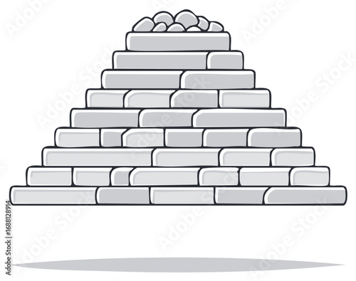 Sandbag Barrier Pyramid with Rocks, flood protection wall of defence, cartoon drawing illustration, graphic symbol of hazard control