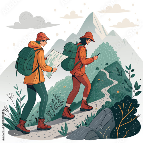 Vector art of two hikers are trekking through the mountains, using a map and a phone to navigate the winding path, surrounded by nature and scenic views