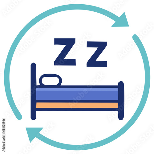 Sleep cycle icon with bed and Zzz symbol in a looping arrow for rest and routine