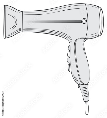 Hair dryer illustration with electrical cord on white background for personal grooming and styling tools