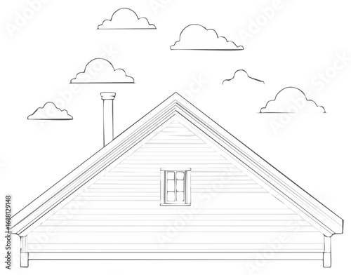 House Side View Line Art with Clouds, Simple Home Drawing with Window and Chimney Sketch, Residence Facade Outlined