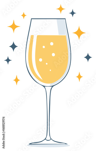 Festive sparkling wine glass with golden bubbles and glittering star accents