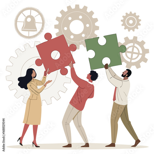 Vector art of teamwork concept illustration, three people putting together puzzle pieces with gears in the background