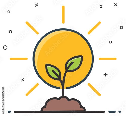 Vibrant green plant seedling sprouts from earth under a shining yellow sun icon illustration