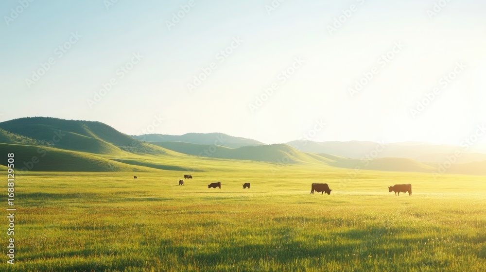 Obraz premium A sunny meadow with cows calmly grazing in the foreground, on blurred background
