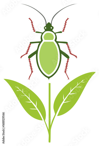 Stylized Aphid Icon on a Plant with Green Leaves, Integrated Pest Management Concept