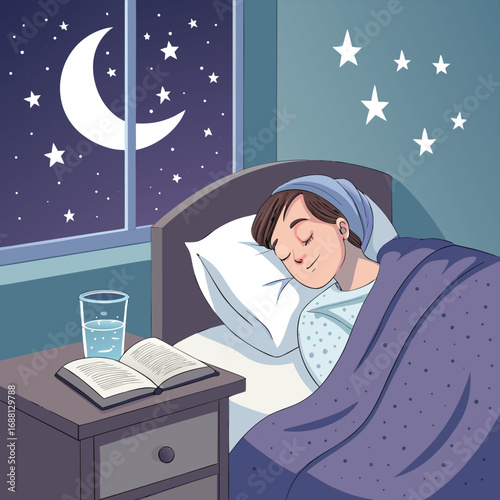 Vector art of a boy is sleeping soundly in his bed at night, with a book, a glass of water, and a crescent moon and stars visible through the window