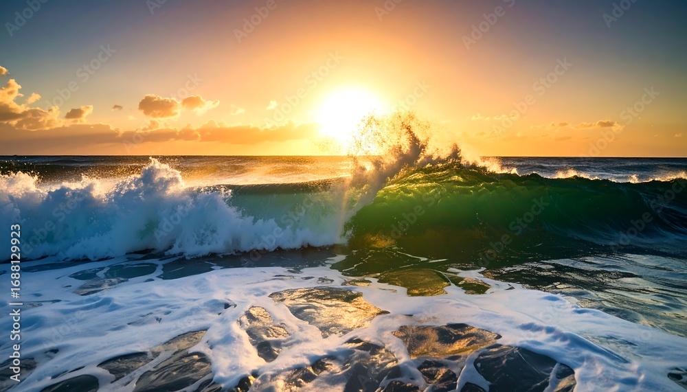 Naklejka premium Dramatic sunset over ocean waves