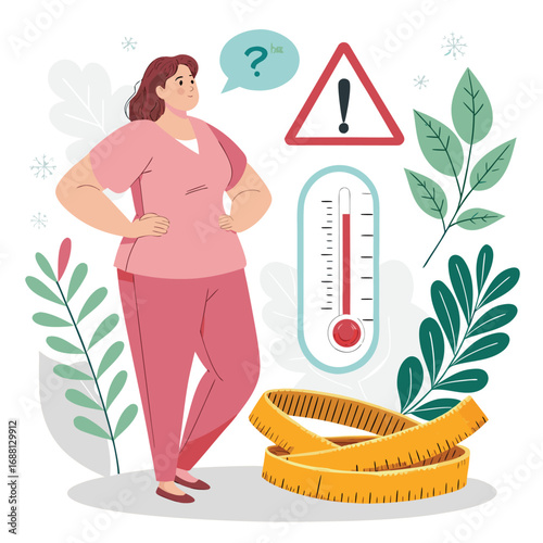 Vector art of a worried woman is surrounded by symbols of health concerns, including weight gain, fever, and measurement
