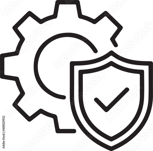 Industrial gear and shield with checkmark symbolizing security and reliability