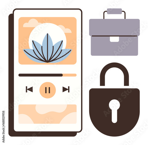 Smartphone playing meditation audio, a business briefcase, and a lock representing relaxation, productivity, and data security. Ideal for mental health, work-life balance, mindfulness, digital